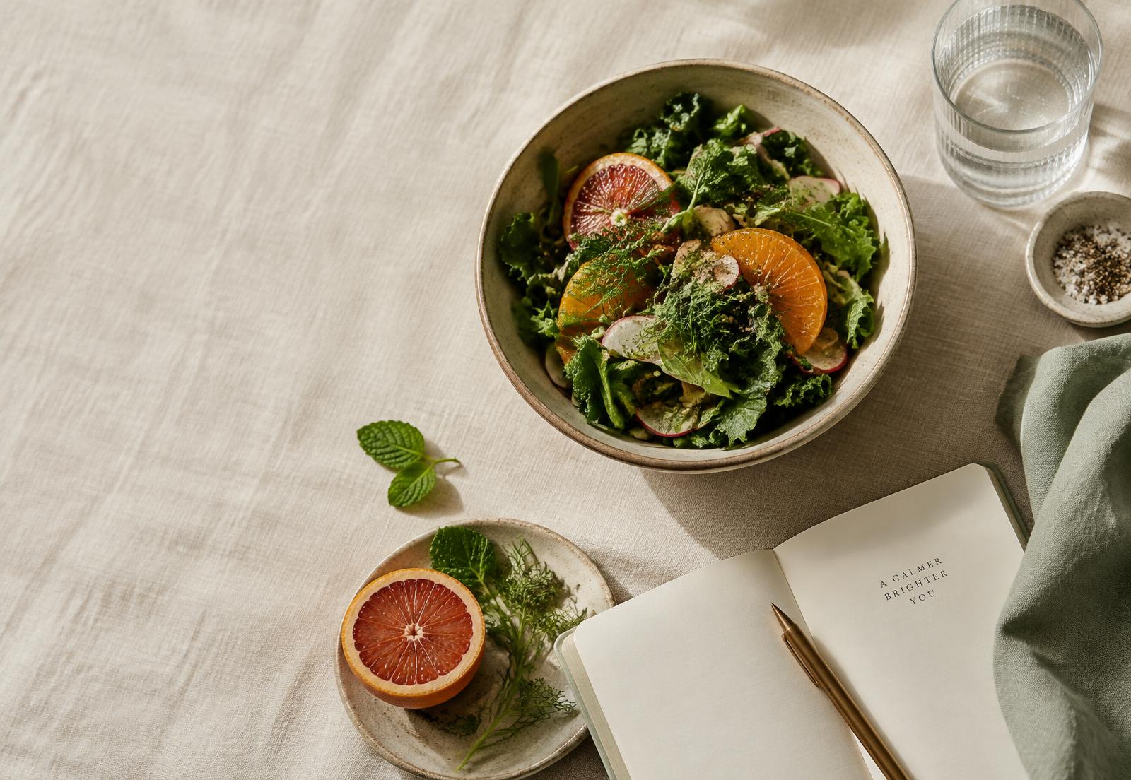 Fresh greens and citrus beside an open notebook